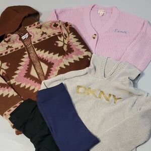 DKNY, Woven Heart, Cat & Jack Sweaters Lot w/Old Navy NWOT leggings Sz Sm 6-7
